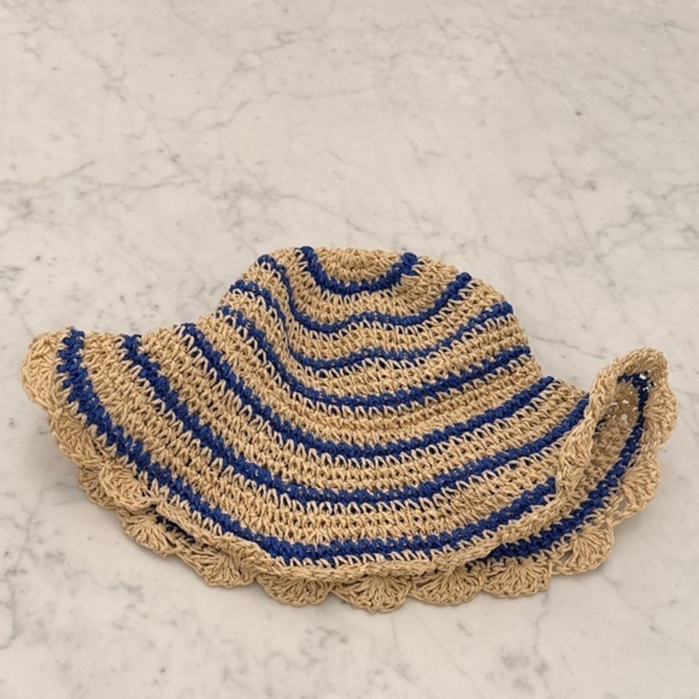 Mini Boden Girls Crochet Straw Sun Hat Blue Stripe Scalloped Brim 9-12 Years